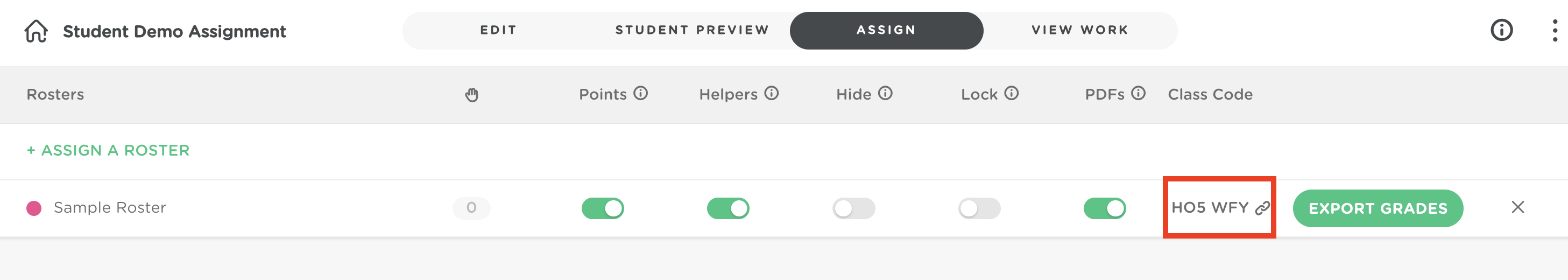 Assign tab showing a roster assigned to an assignment with the class code highlighted.