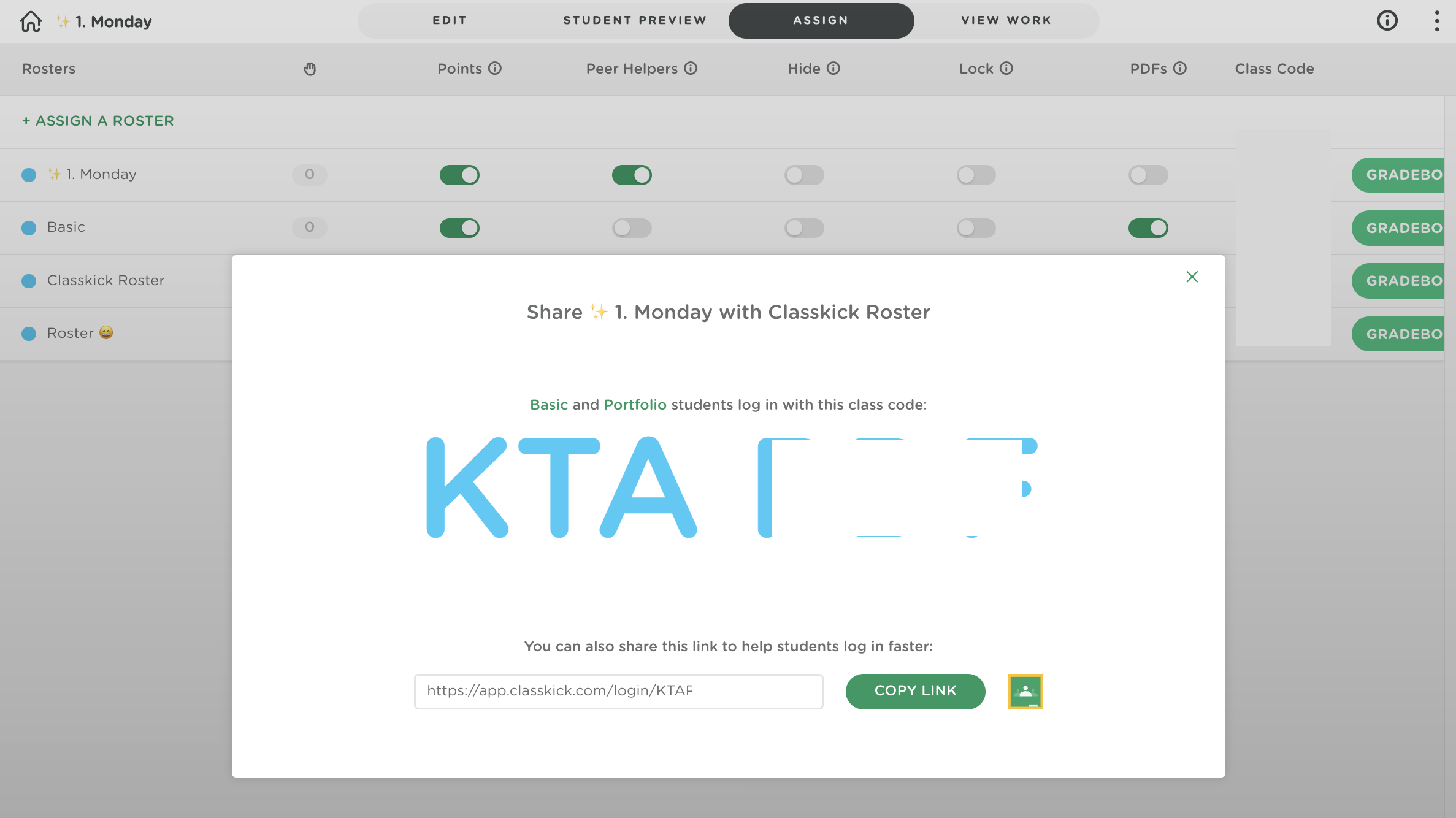 Popup window displaying the class code and login link teachers can share with students.