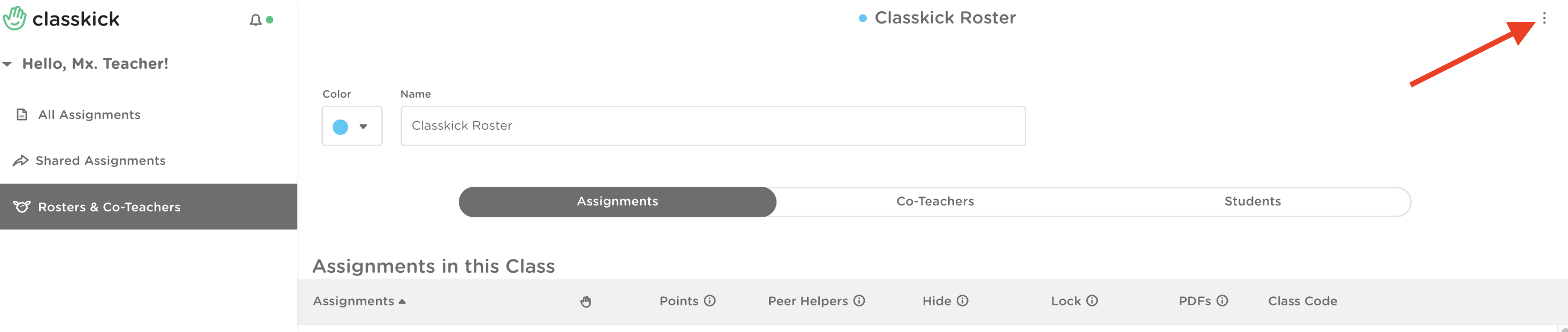 Classkick roster page with the three-dot menu in the top-right corner highlighted.
