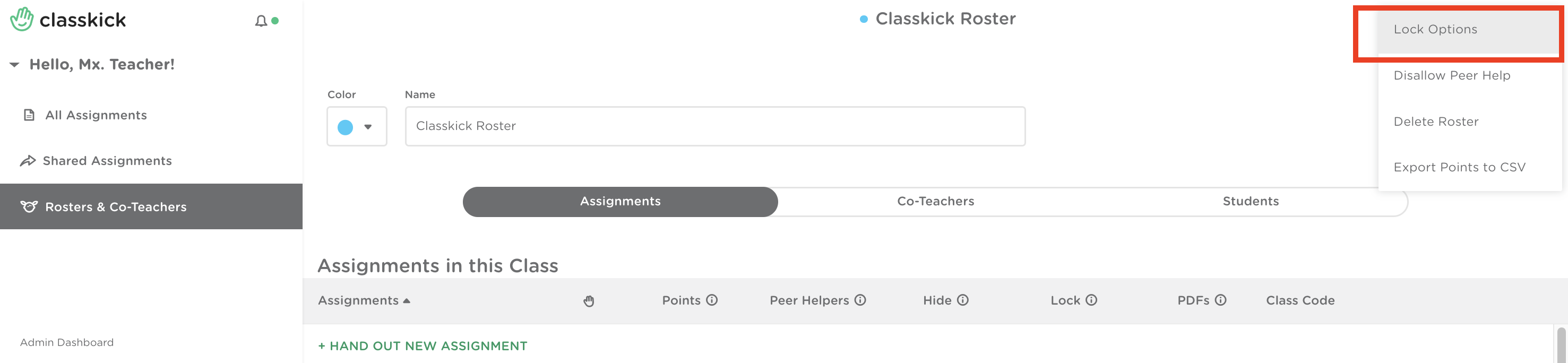 Roster page menu opened with the ‘Lock Options’ menu item highlighted.