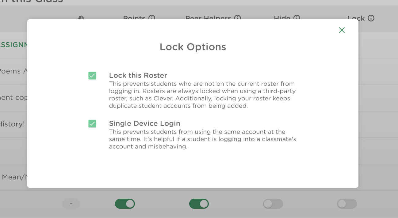 Lock Options dialog showing ‘Lock this Roster’ and ‘Single Device Login’ settings enabled.