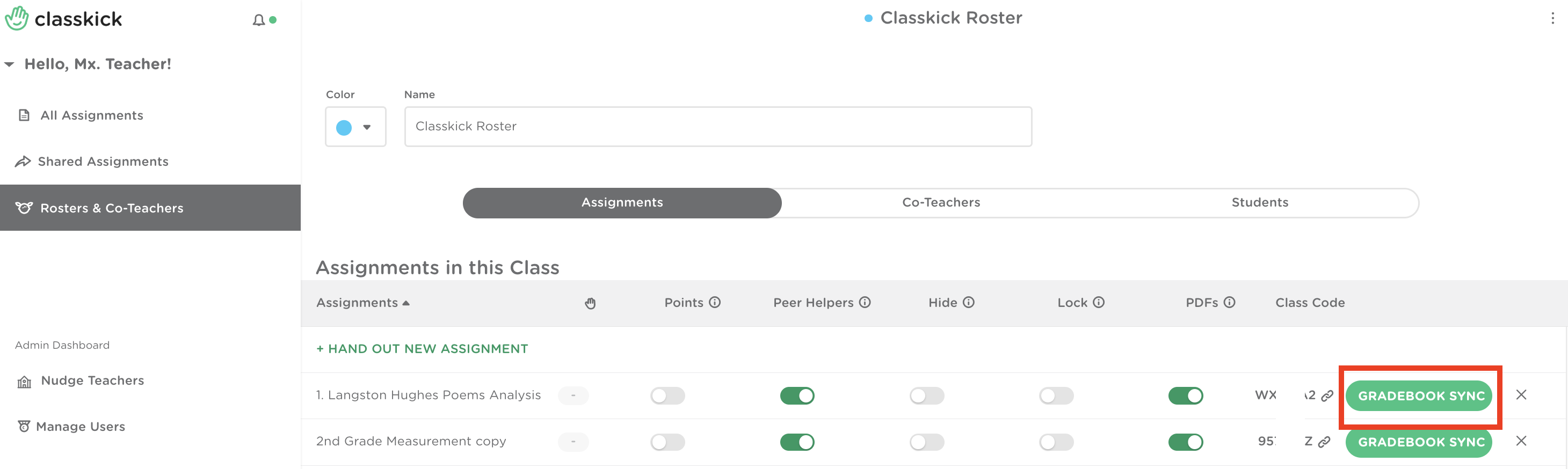 Roster Assignments tab showing the GRADEBOOK SYNC button next to an assignment.