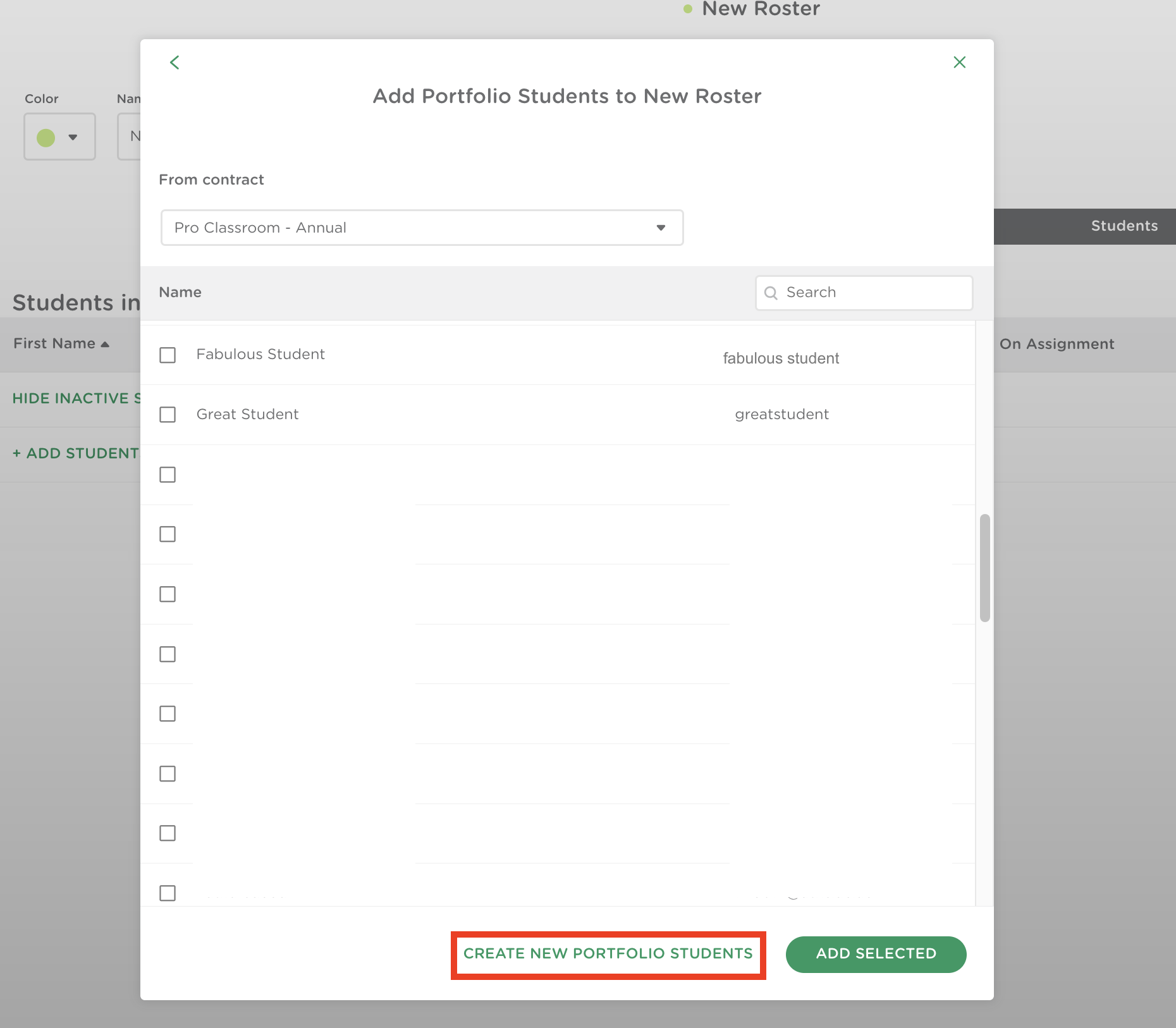 Add Portfolio Students modal showing student list and the ‘Create New Portfolio Students’ button.