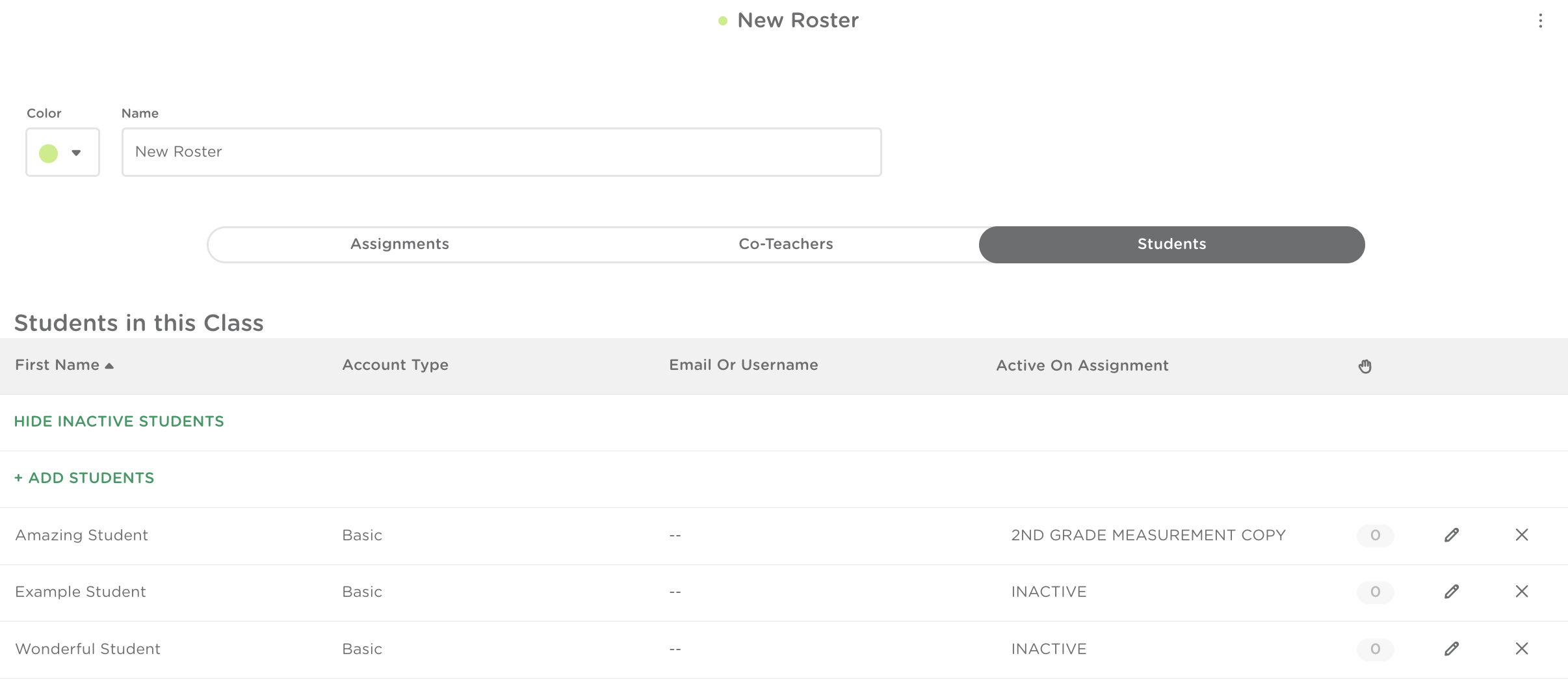 An example of a Classkick roster with Basic students.