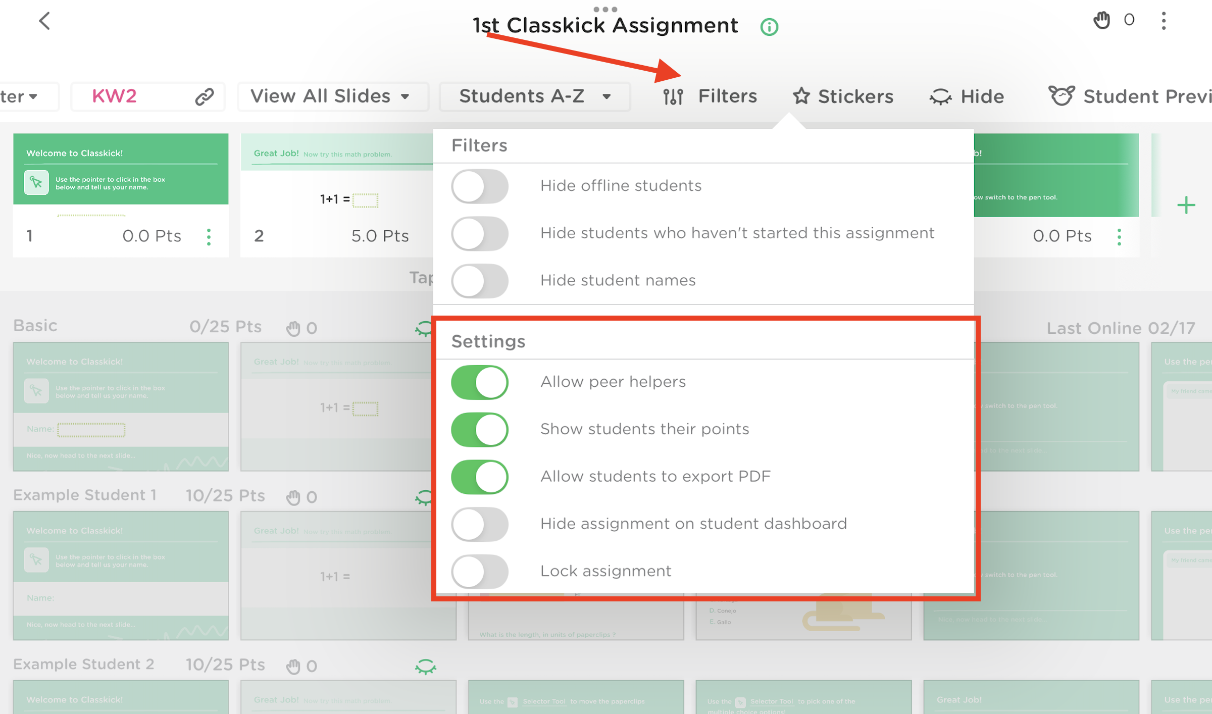 Filters panel open in a Classkick assignment on iOS showing settings toggles for Peer Helpers, Points, PDF export, Hide assignment, and Lock assignment.