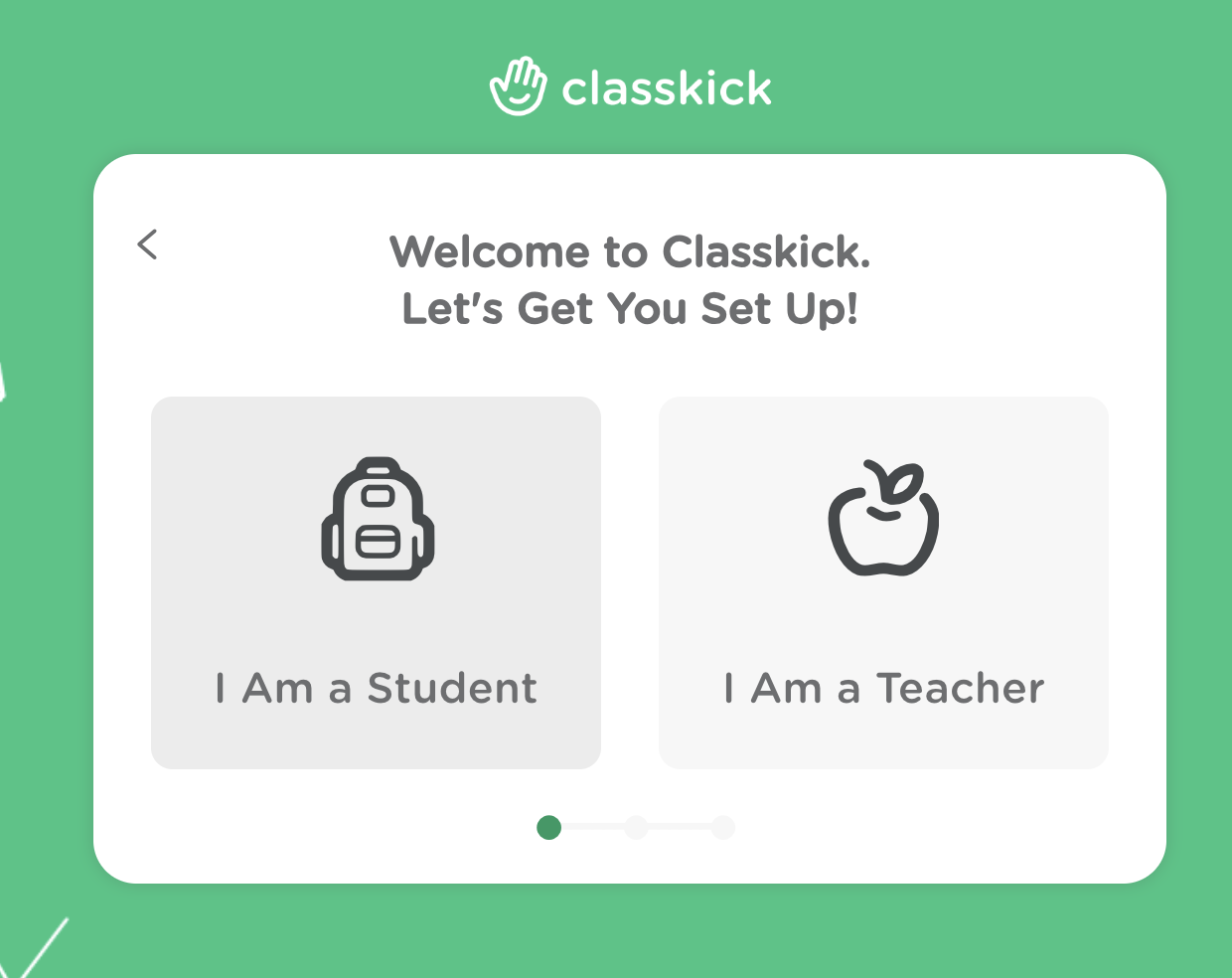 The signup page showing the option for a student and a teacher.