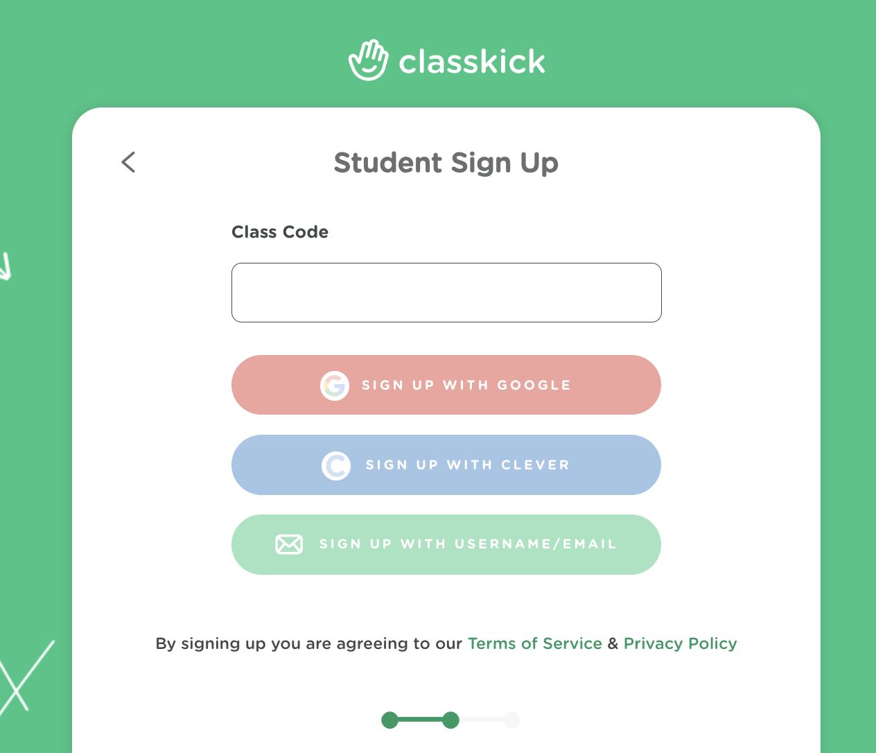 The student sign up page with the class code box.