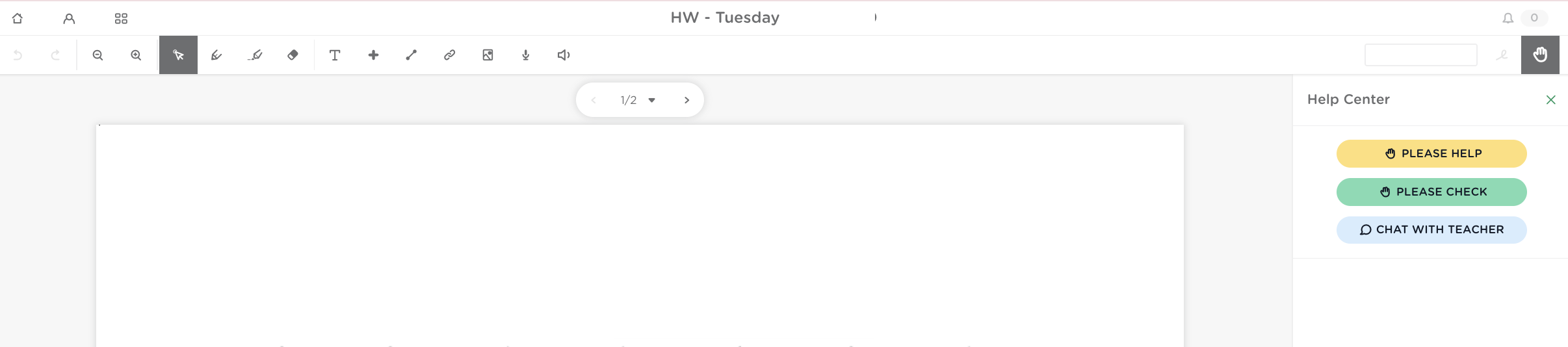 The student assignment view with the Help Center dashboard open showing the Please Help, Please Check, and Chat with Teacher options.