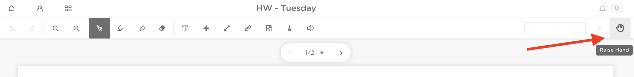 Student page view with the raise hand icon highlighted in the right-hand corner.