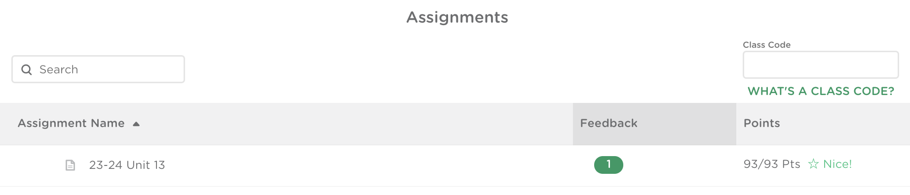 Student assignment dashboard view with an assignment showing the feedback notification.