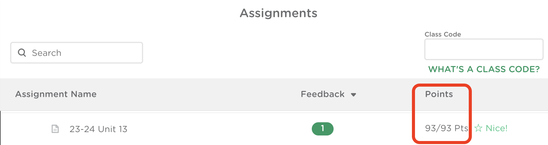 Student Assignment Dashboard showing an assignment with the points total being 93 out of 93.