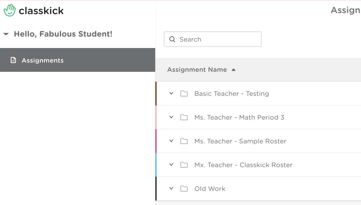 Classkick assignment list with all rosters collapsed.
