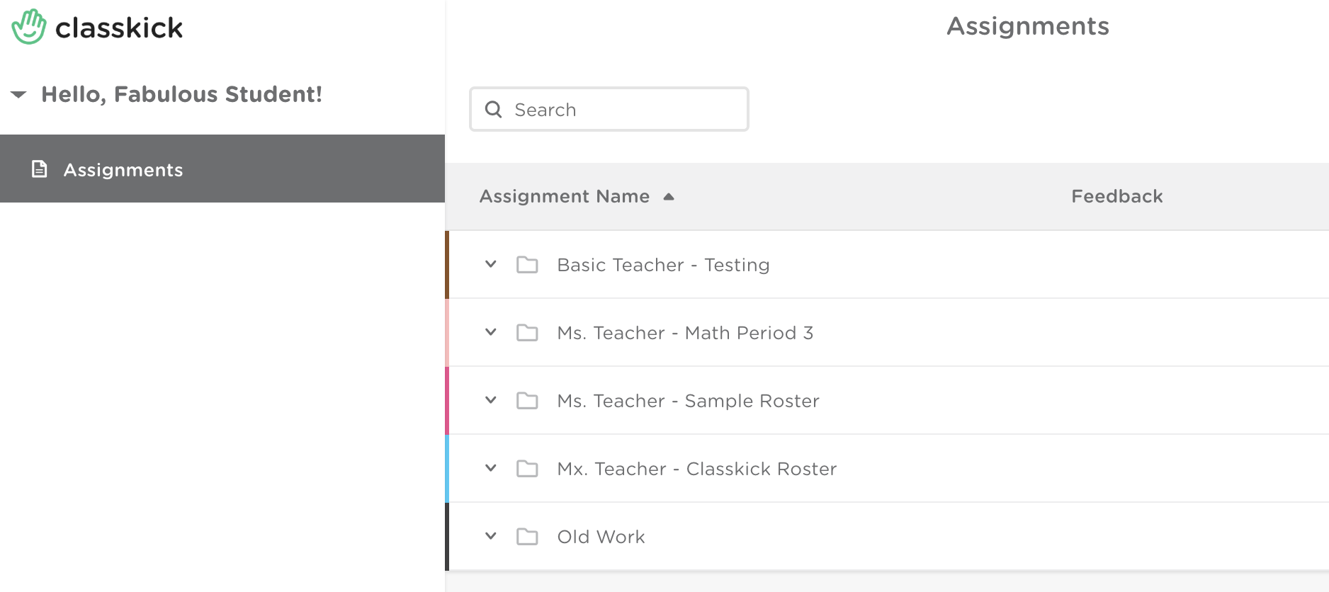 Classkick student dashboard showing assignments organized by roster.
