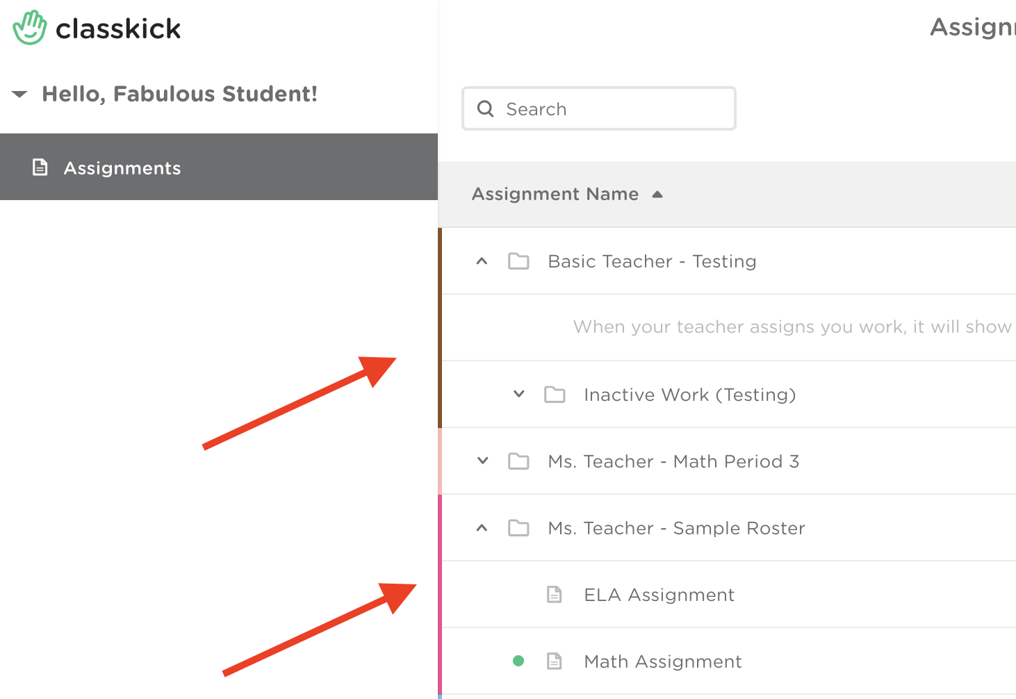 Classkick assignment list with a roster expanded to show assignments.