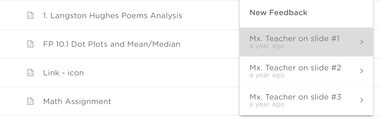 Classkick feedback popup displaying teacher comments on an assignment.