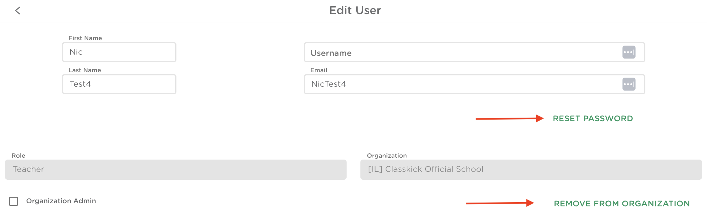 Screenshot of the Edit User page showing options to reset a password or remove a user from the organization.