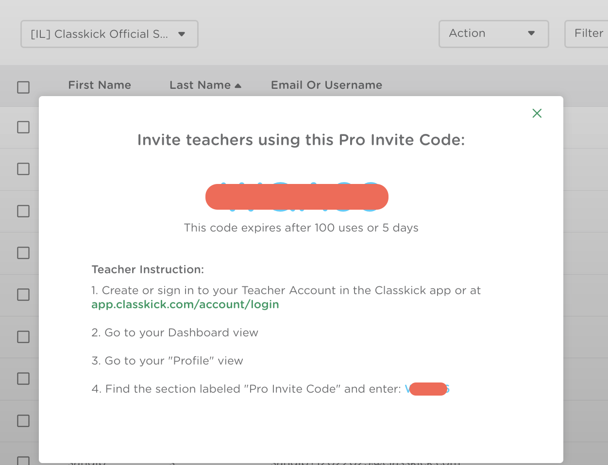 Pro Invite Code popup showing the code blocked out with teacher instructions for how to use it. 
