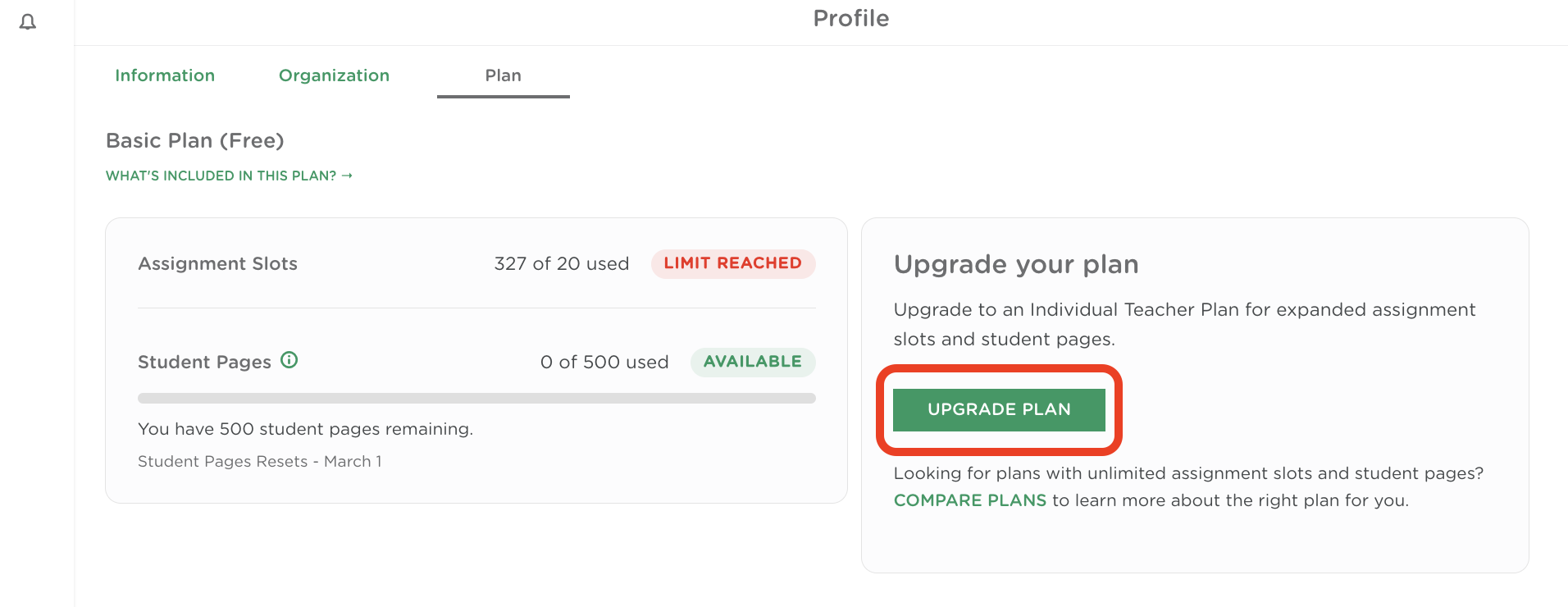 Classkick Profile page with the Plan tab selected, showing the “Upgrade Plan” button to purchase a new subscription.