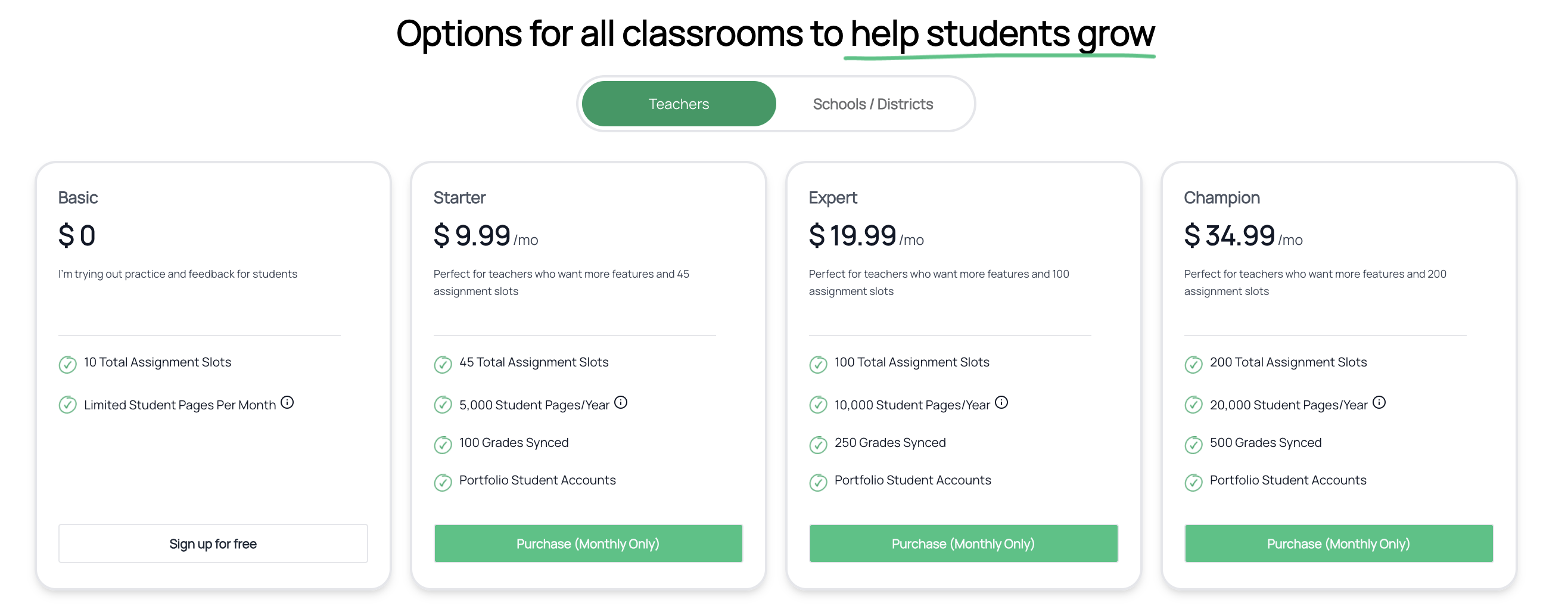 Classkick order page showing Teacher plans (Basic, Starter, Expert, Champion) with monthly pricing and feature comparisons.