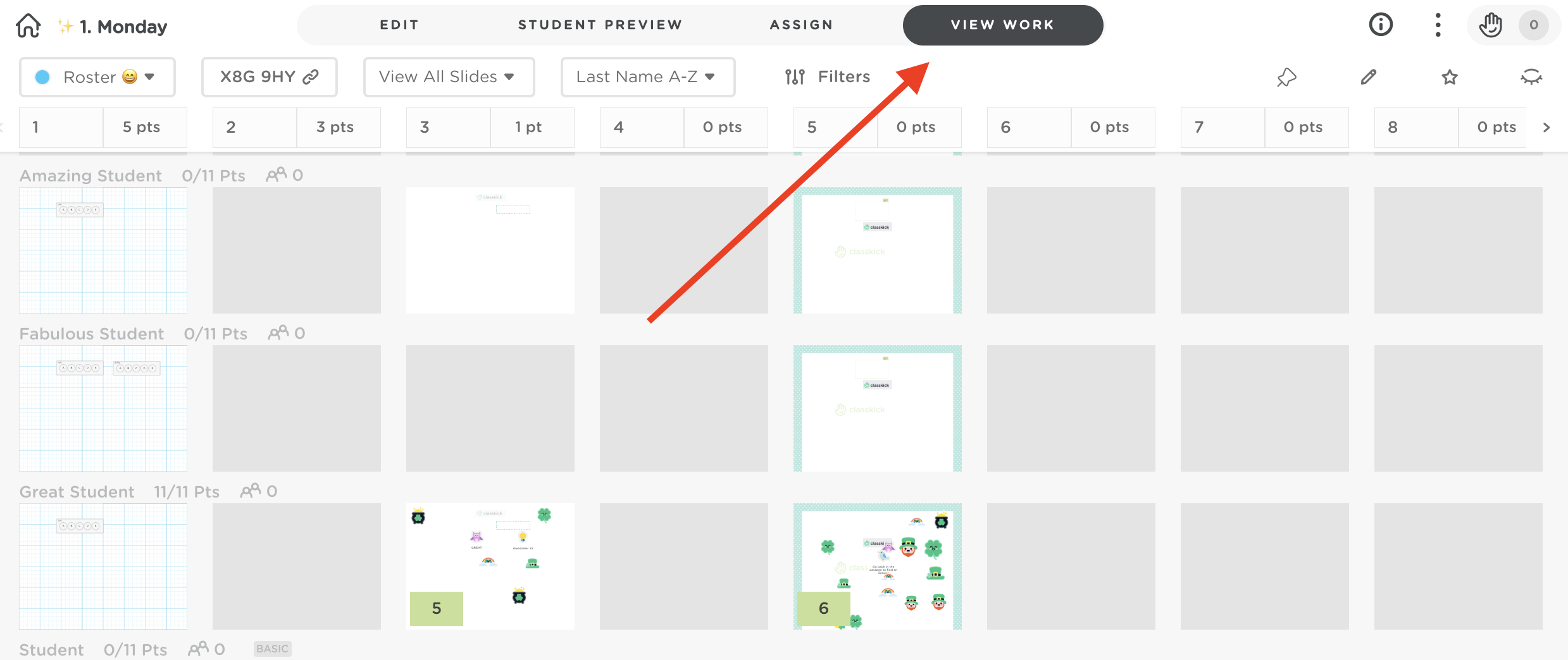 View Work mode showing a grid of student slides with the View Work button highlighted.