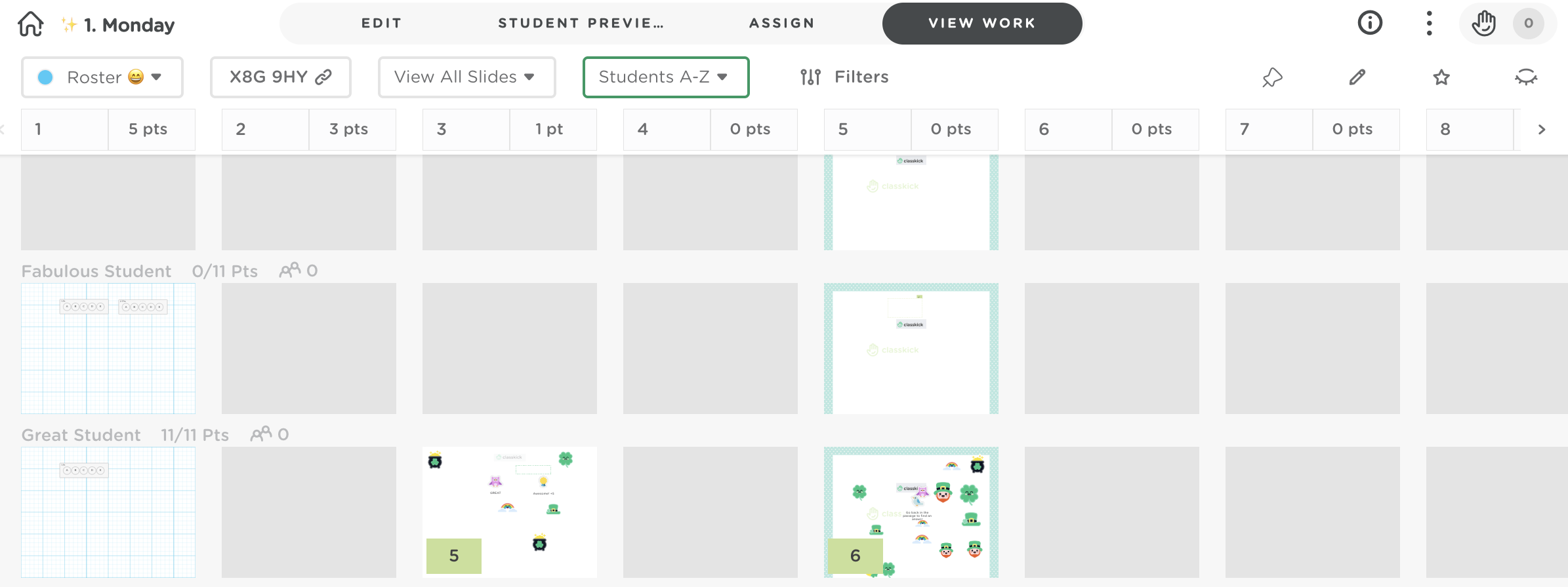 View Work screen showing the Students A–Z dropdown used to sort students.