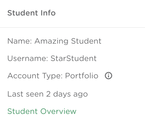 Student information panel showing the student name and account type.