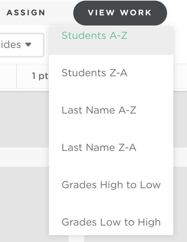 Sorting menu showing options to sort students by name or grade.
