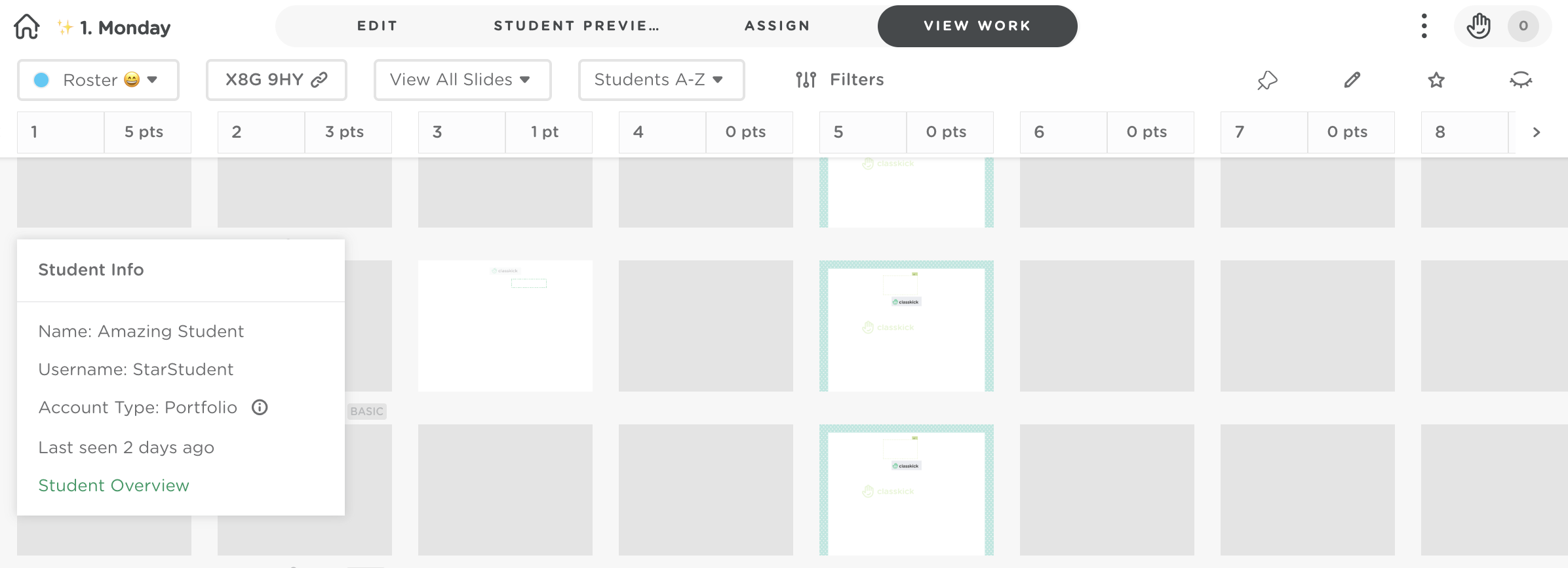 View Work screen showing a student activity panel with last active time and account type.
