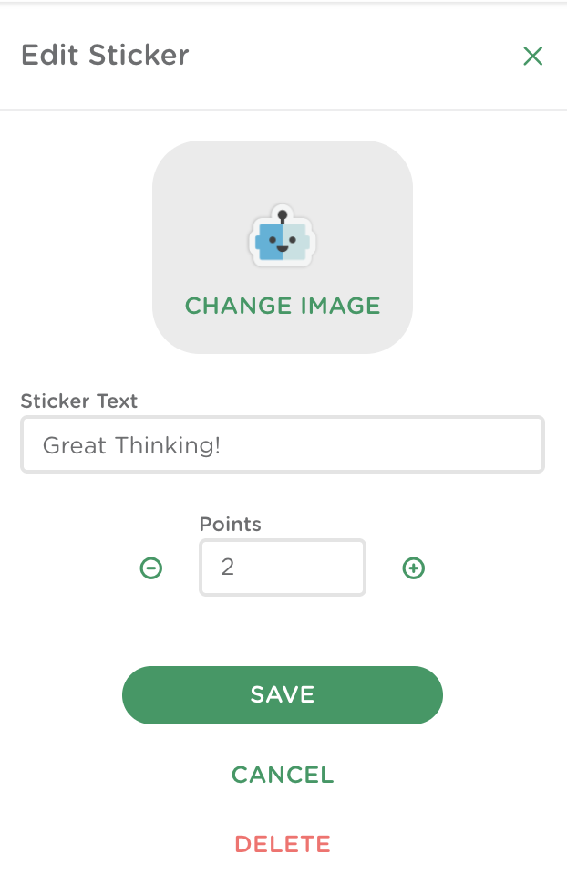 Edit Sticker window showing a text-based sticker with customizable text and point value