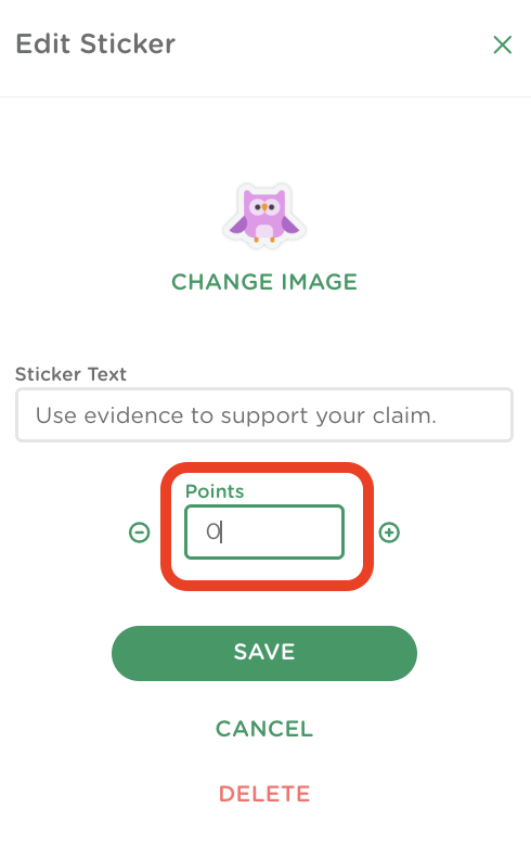 Edit Sticker window with the Points field left blank to create a sticker with 0 points.