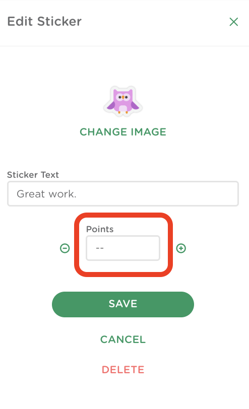 Edit Sticker window with the Points field left blank to create a sticker without a score