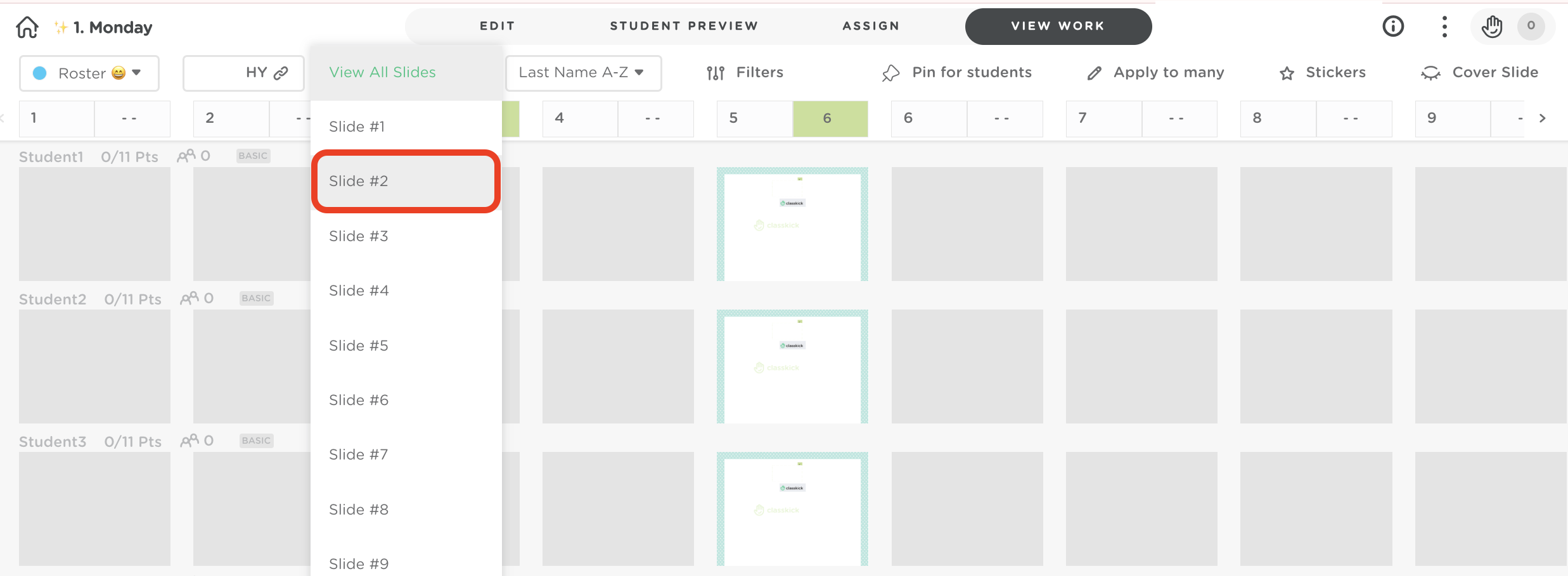 Dropdown menu listing slides in an assignment, with one slide selected to view responses across all students.