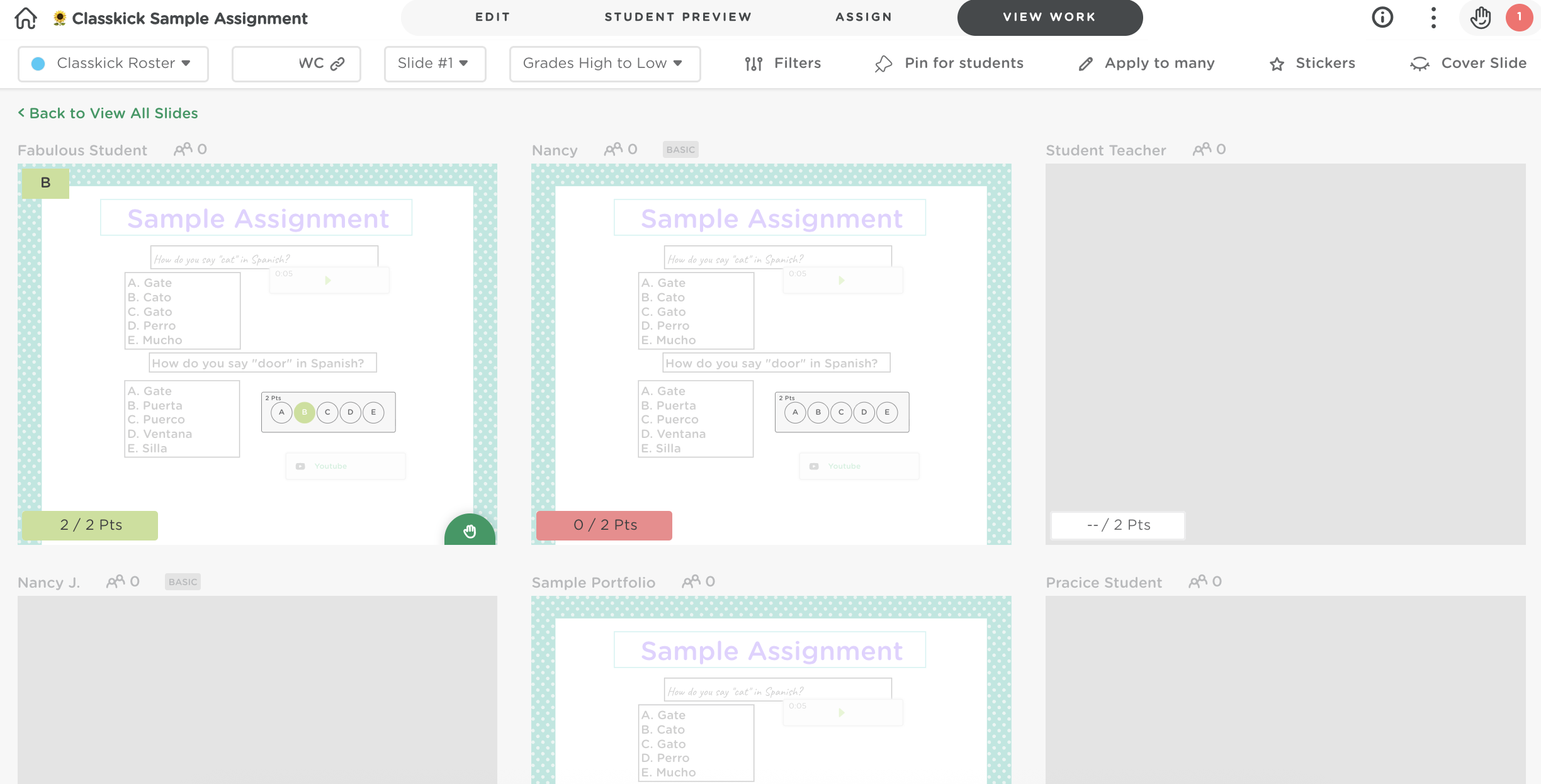 View Work grid displaying all student responses for a single slide, allowing comparison across the class.