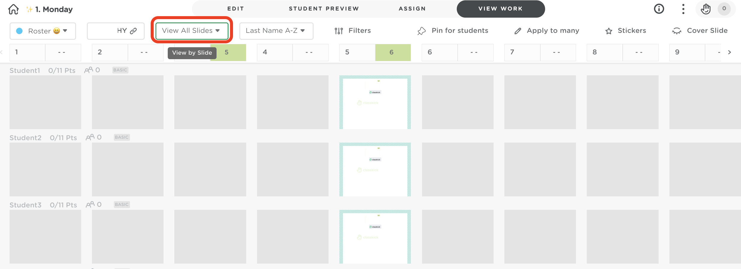 Classkick View Work interface highlighting the “View All Slides” dropdown menu used to select a specific slide.
