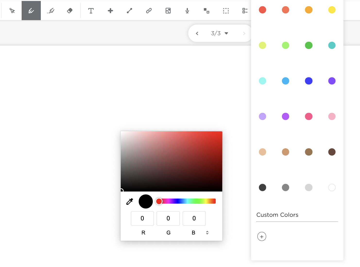 Classkick highlighter color picker showing preset colors and custom RGB input options.