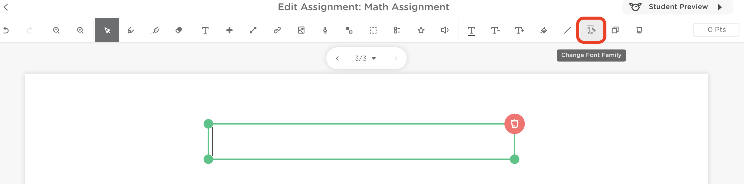 Classkick assignment editor with a text box selected and the Font Family dropdown icon highlighted.