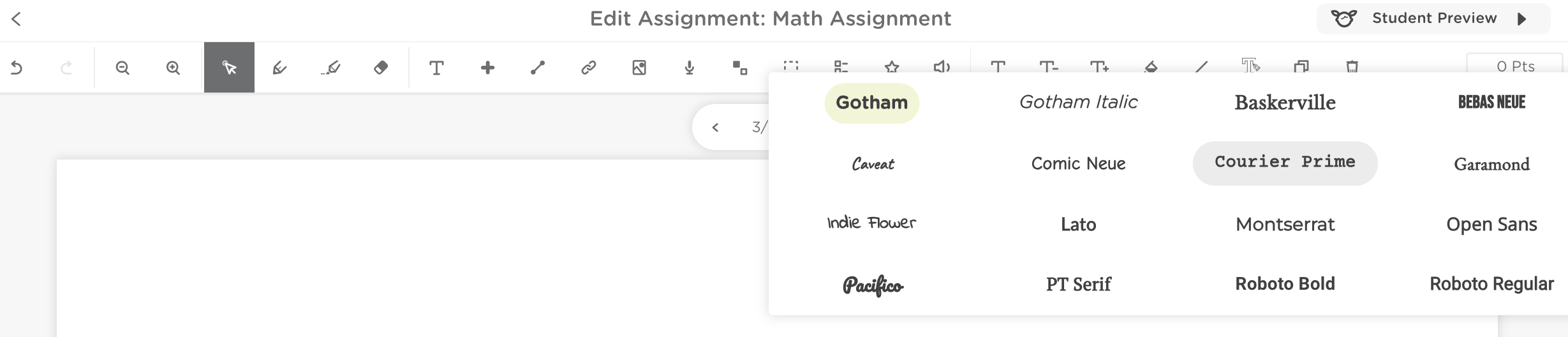 Classkick assignment editor displaying the Font Family dropdown menu with available font options.