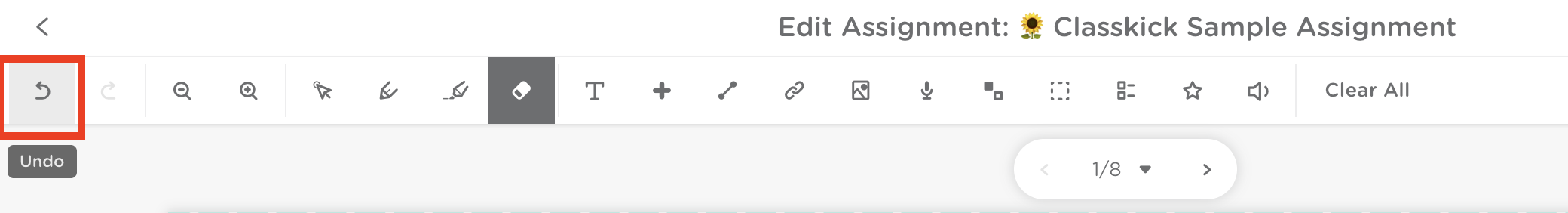 Classkick assignment editor toolbar with the Undo icon highlighted.