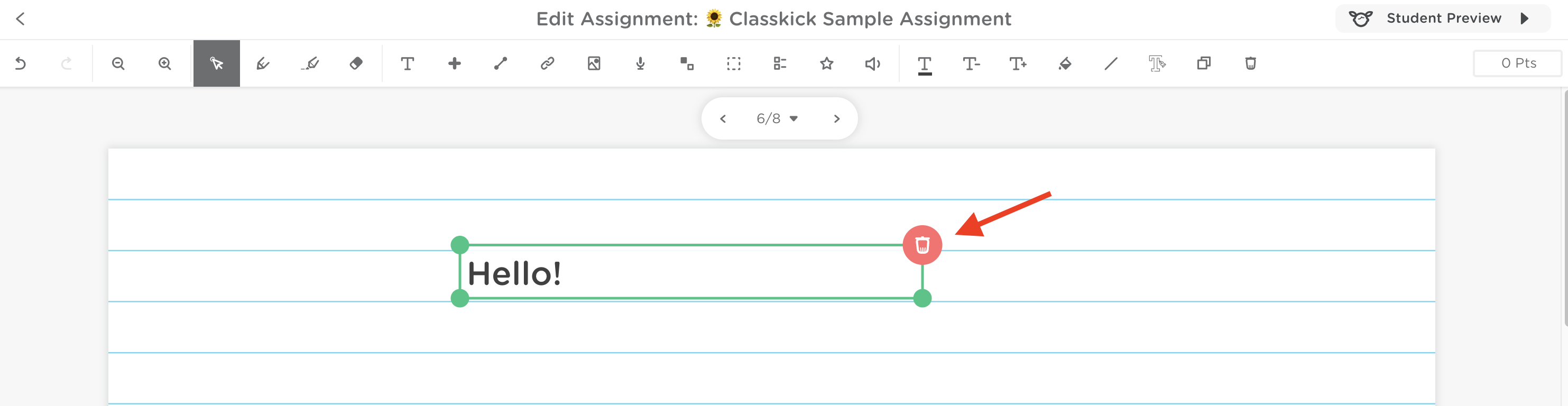 Selected text box with the red trash icon highlighted for deleting the text box.