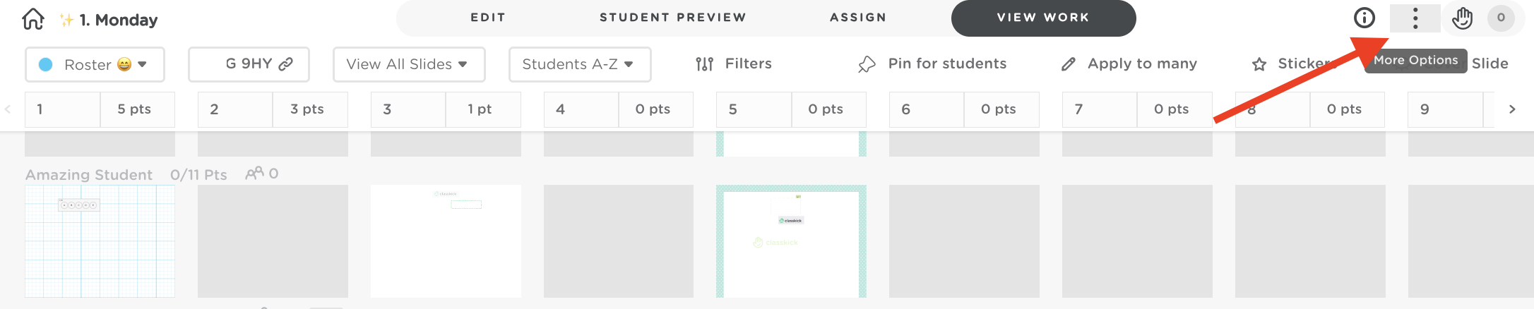 Classkick assignment View Work tab with the three vertical dots menu highlighted.