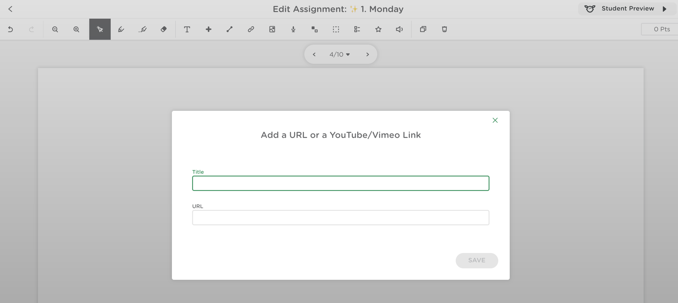 “Add a URL or YouTube/Vimeo Link” popup window showing fields for Title and URL with a Save button.