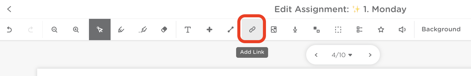 Classkick assignment editor toolbar with the Add Link (chain) icon highlighted.