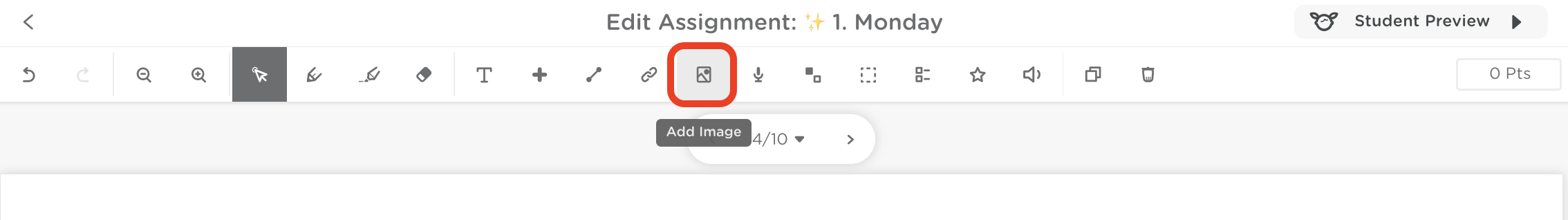 Classkick assignment editor toolbar with the Add Image icon highlighted.