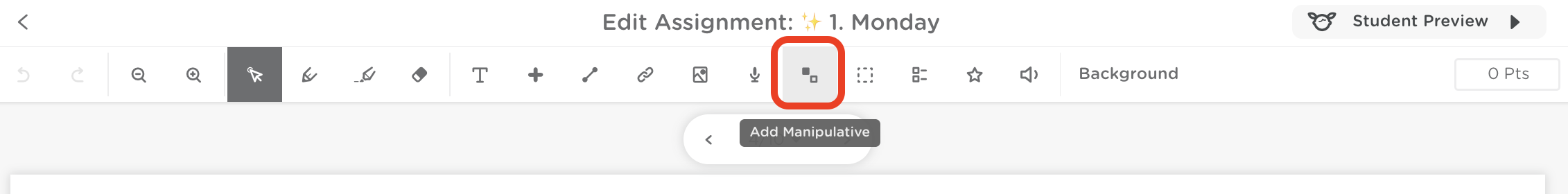Classkick toolbar in Edit mode with the Add Manipulative icon highlighted.
