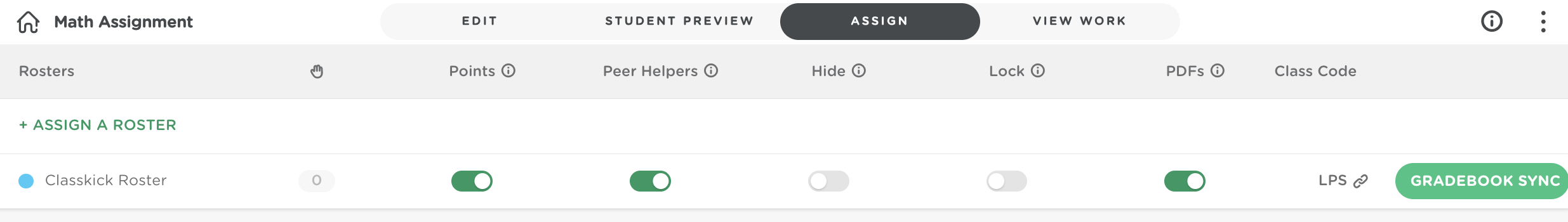 Assign tab showing the Points toggle switch highlighted, demonstrating how to turn student score visibility on or off.