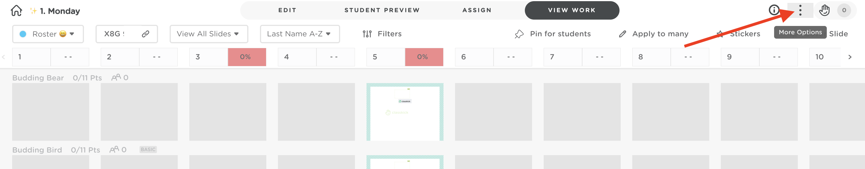 The View Work mode of an assignment on Classkick. A red arrow points to three vertical dots in the upper right hand corner.