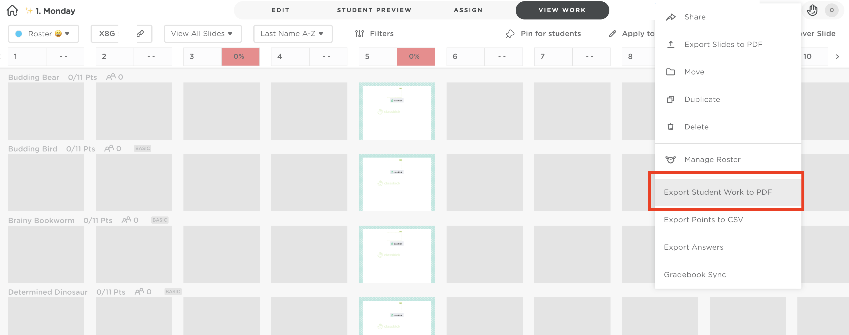 The View Work mode of an assignment on Classkick. On the right hand side, Export Student Work is highlighted in gray and outlined in red.