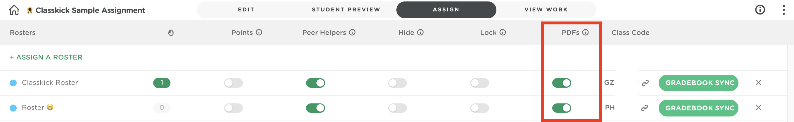Assign tab with the PDFs toggle highlighted.