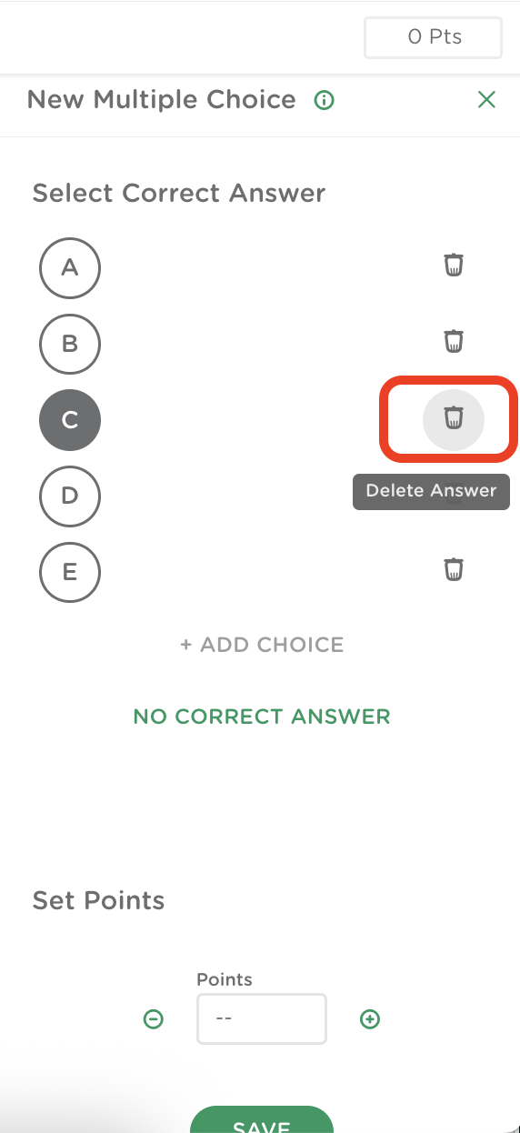 Multiple Choice setup panel with a trash icon next to an answer choice to remove it as an option.
