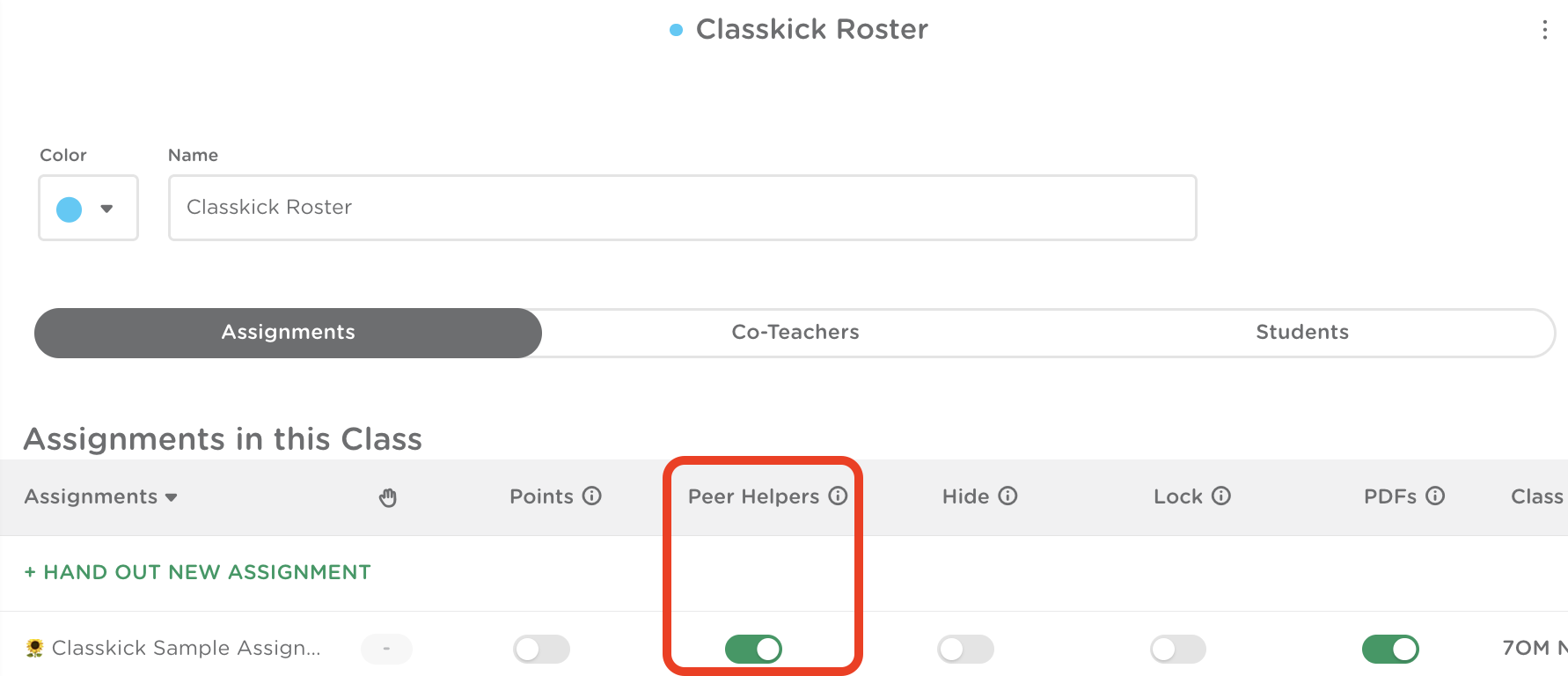 Assign tab showing the Peer Helpers toggle switch enabled for a class roster.